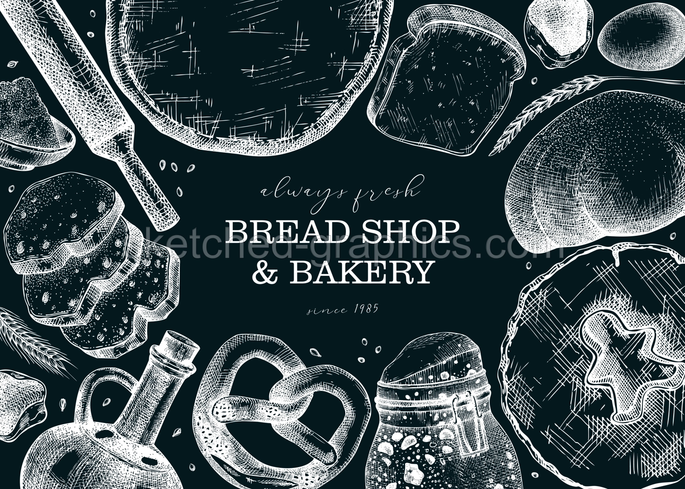 Vintage bakery shop background. Vector frame with baking ingredients, pastries, and bread sketches on chalkboard. Hand drawn food illustration for bakery store, cafe menu, banner design.  Illustration